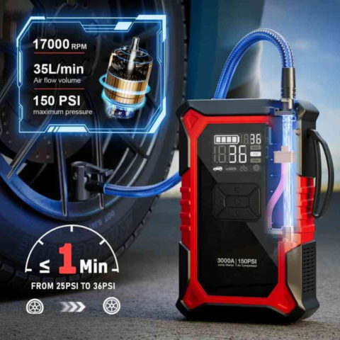 Démarreur Voiture Portable – Compresseur Intégré Et Lampe LED