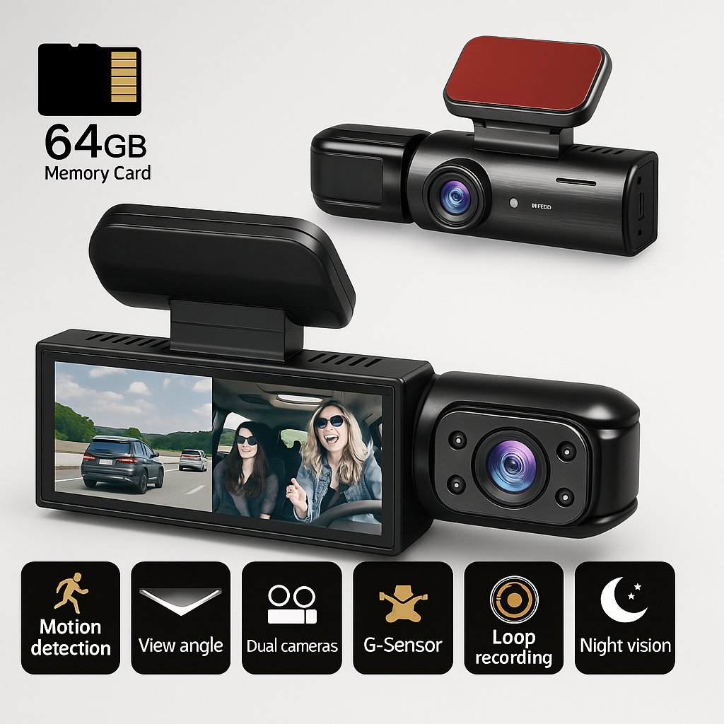 Dashcam Dobbel Full HD Bil - Nattvisjon + Innvendig Kamera 